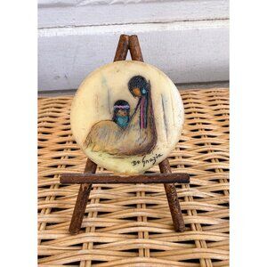 Vintage 70s Ted DeGrazia Little pink Flower Girl /Mother Resin Art easel Frame